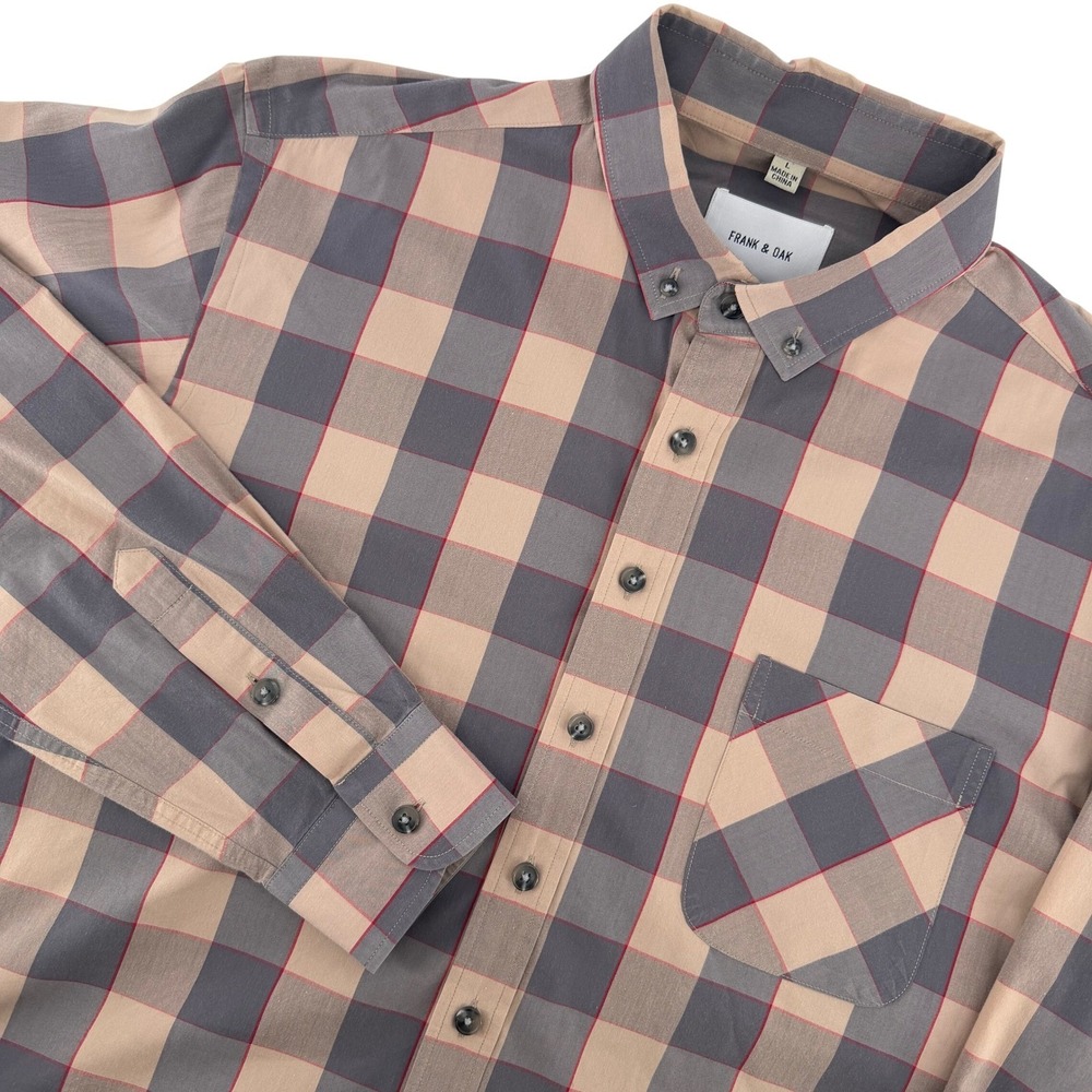Frank & Oak Plaid Button Down Shirt Mens Large‎ Grey Tan Red Long Sleeve Preppy